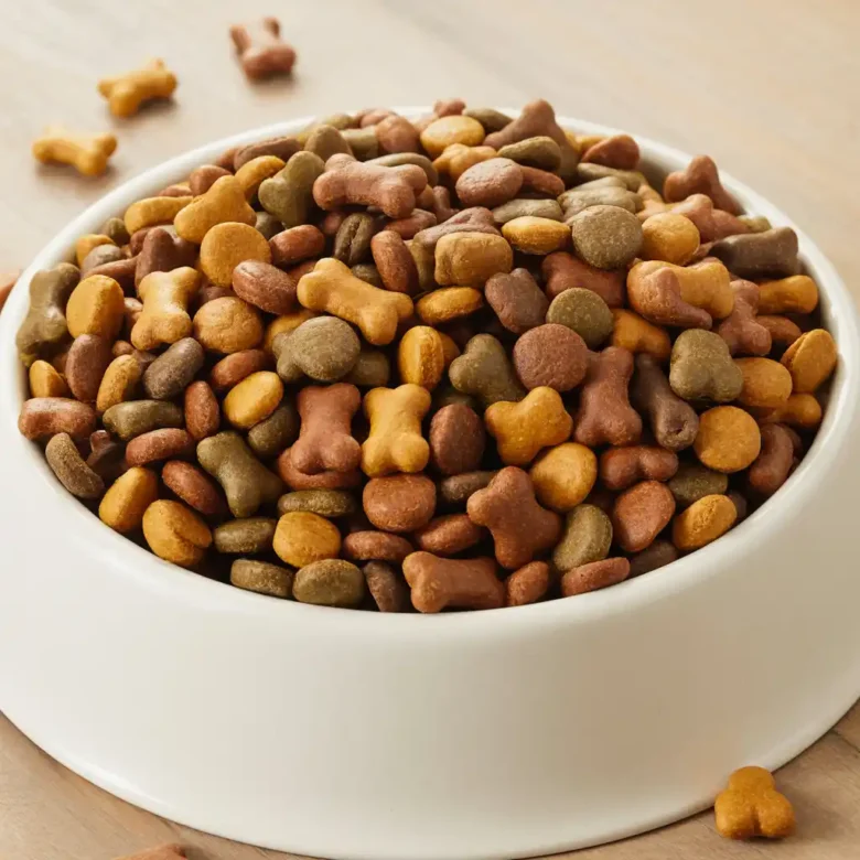 Dry dog food in a white bowl, kibble pieces in multiple colors